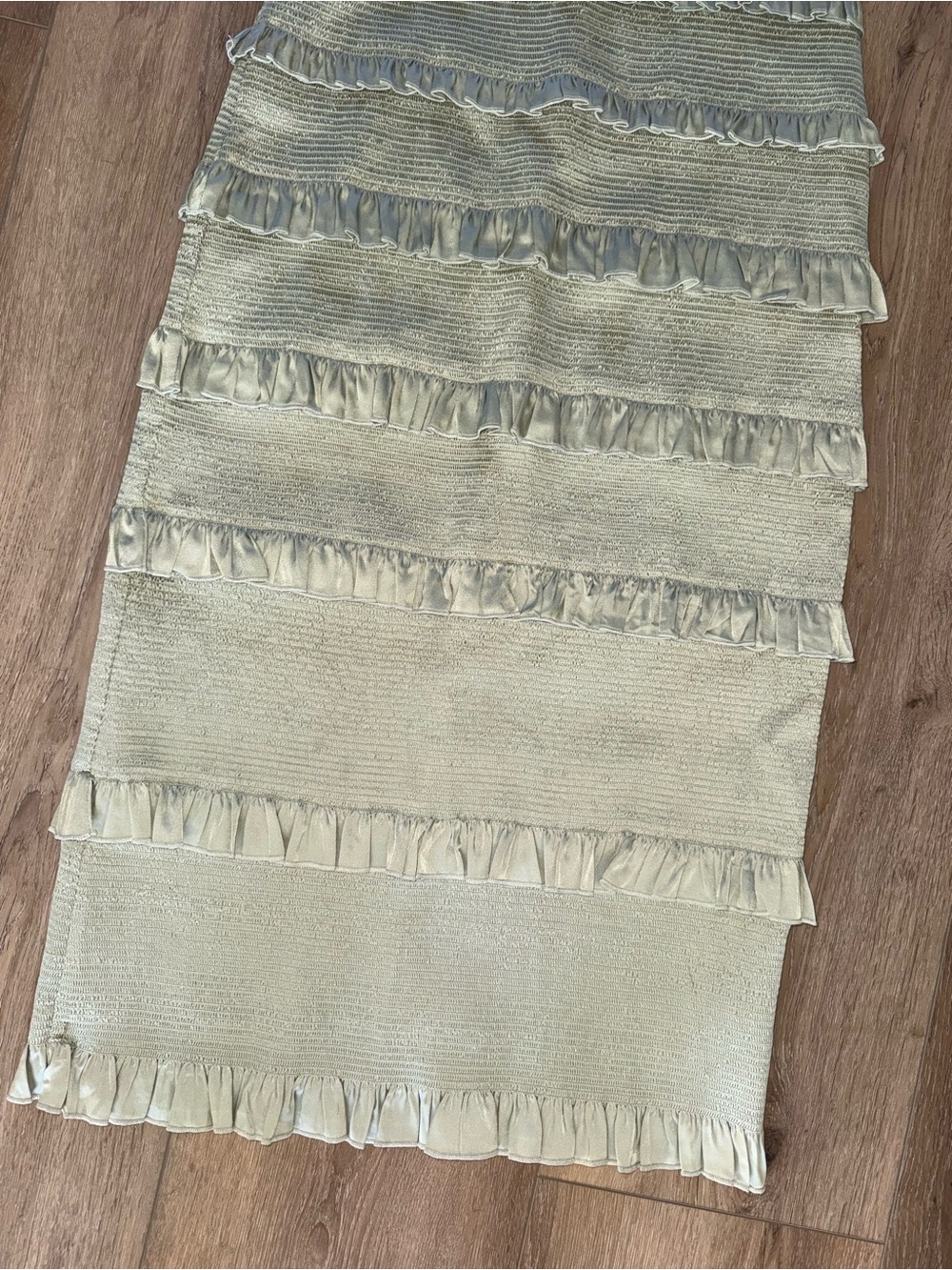 V. Chapman Sage Green Lily Ruched & Ruffled Satin Midi Dress Anthropologie 8 - Picture 2 of 4
